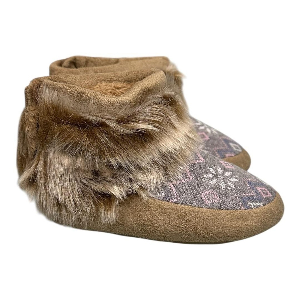 Joe Fresh Slippers Girls Size 8 Brown Faux Fur Bootie Fair Isle Winter Warm